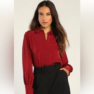 Red button down satin top
